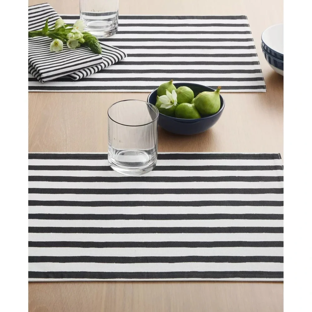 Hand Painted Shirting Stripe Reversible Placemats 4-Pack Set, 100% Cotton, Black